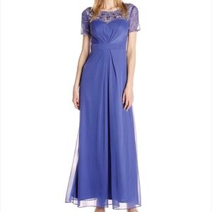 Alex Evenings Blue Beaded Illusion Sweetheart Neck Empire Maxi‎ Dress Size 10